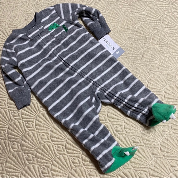 🌸NWT CARTERS STRIPED FLEECE DINOSAUR ONESIE - Picture 2 of 4
